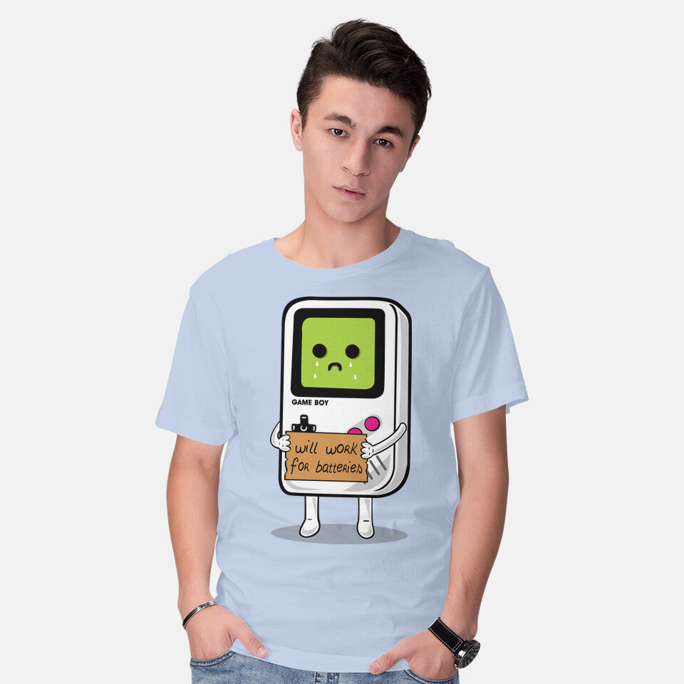 Model wearing blue Will Work For Batteries Graphic T-Shirt