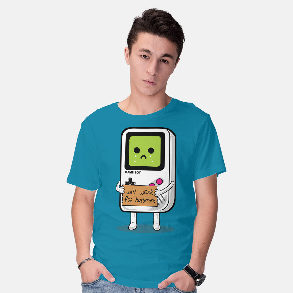 Model wearing turquoise Will Work For Batteries Graphic T-Shirt