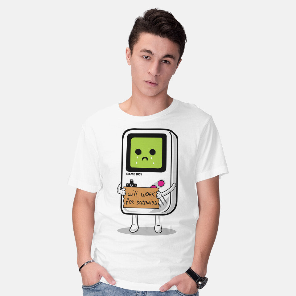 Model wearing white Will Work For Batteries Graphic T-Shirt