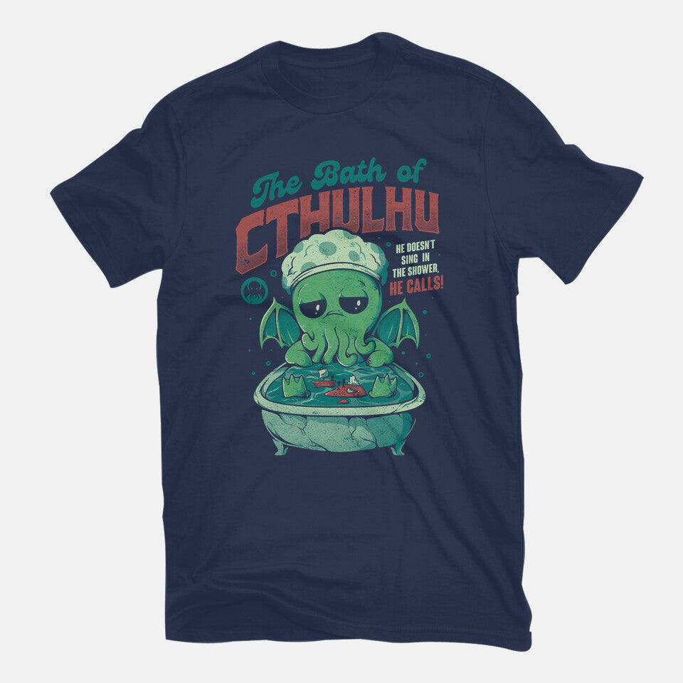 The Bath Of Cthulhu Graphic T-Shirt in navy, flat-lay product view