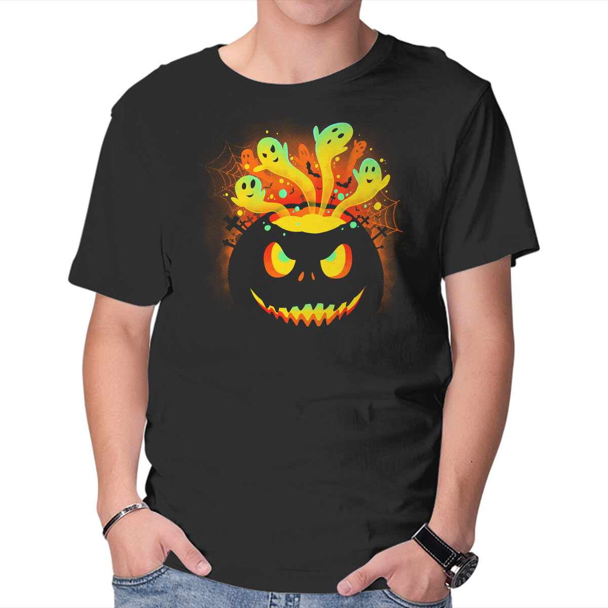 Pumpkin Ghosts – Halloween Graphic T-Shirt in black, product display
