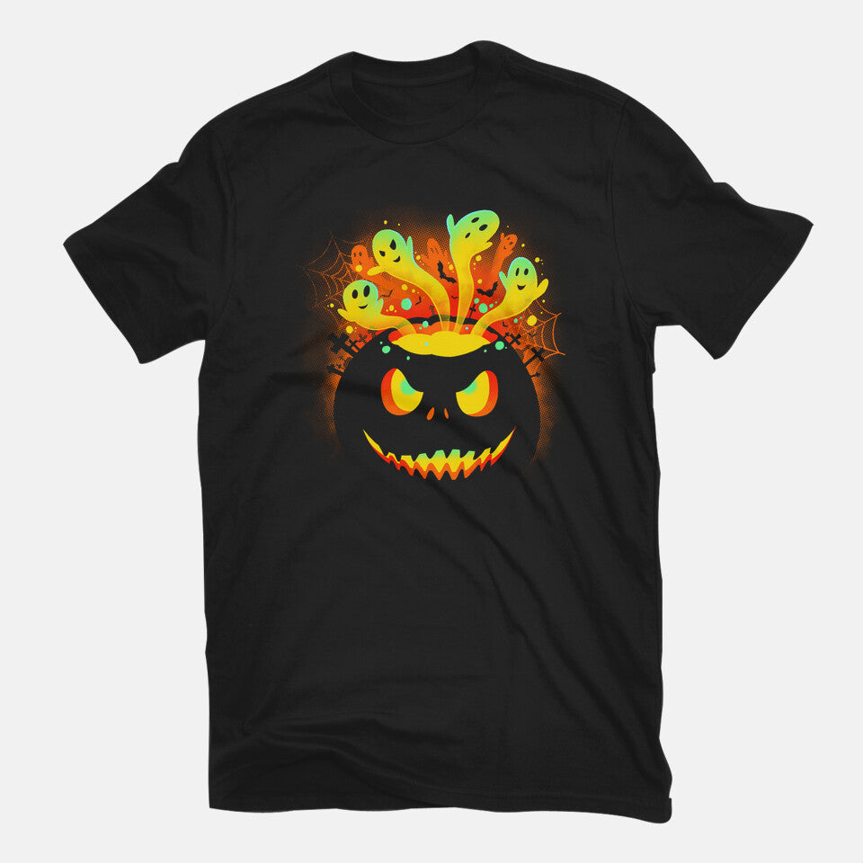 Pumpkin Ghosts – Halloween Graphic T-Shirt in black, flat-lay product view