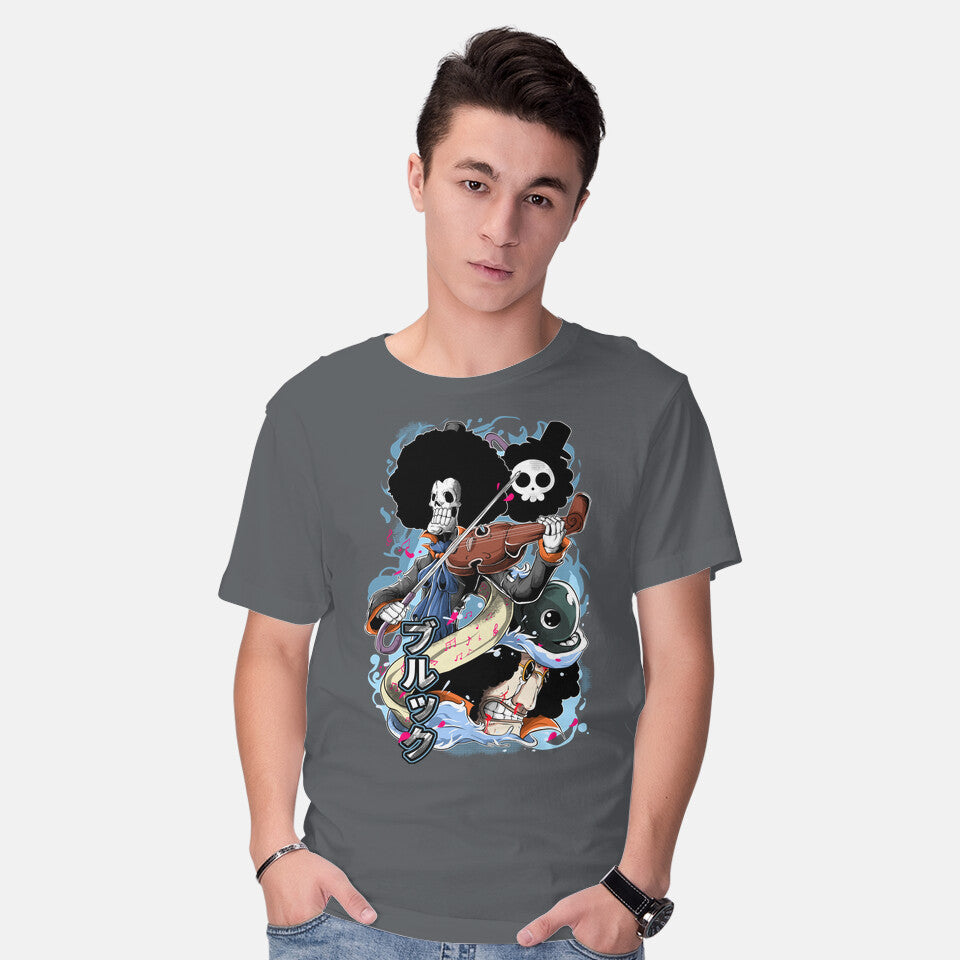 Model wearing charcoal The Great Musician – Anime Graphic T-Shirt