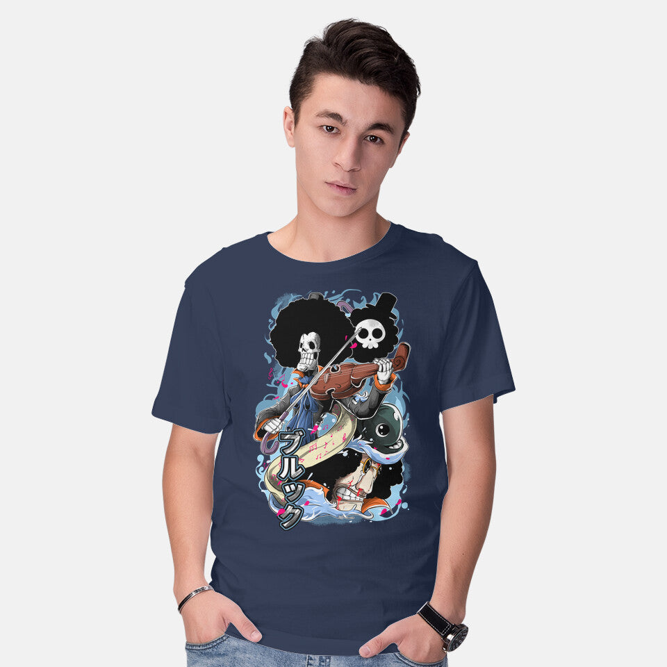 Model wearing navy The Great Musician – Anime Graphic T-Shirt