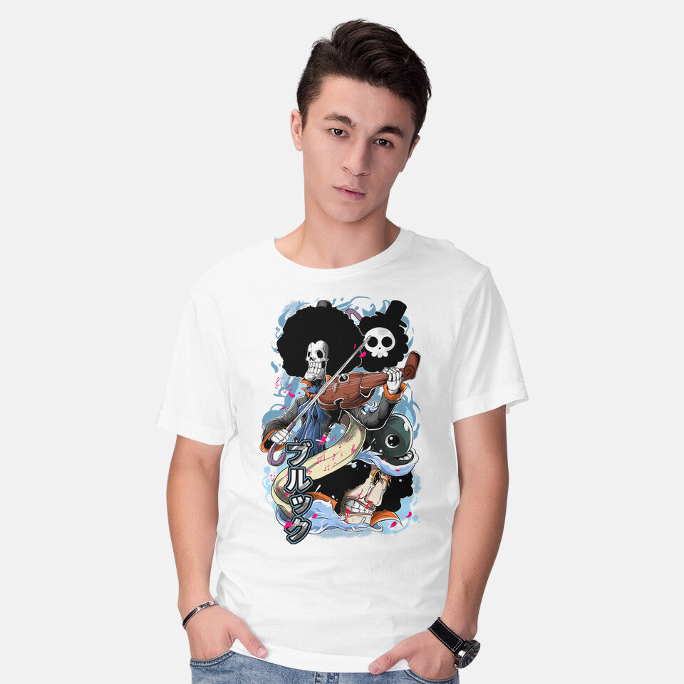 Model wearing white The Great Musician – Anime Graphic T-Shirt