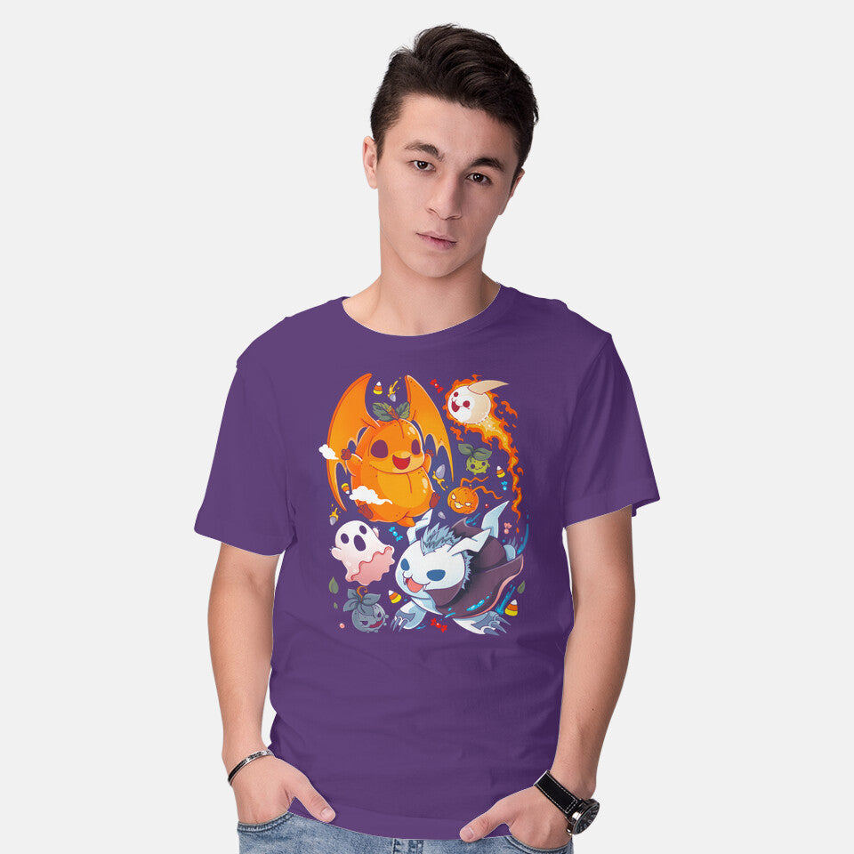 Model wearing purple Digi Halloween – Halloween Graphic T-Shirt