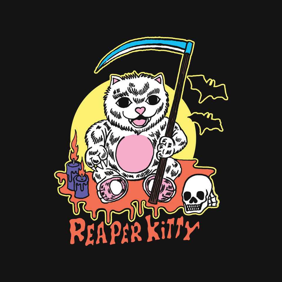 The Reaper Kitty – Cat Graphic T-Shirt design artwork for black graphic T-shirt