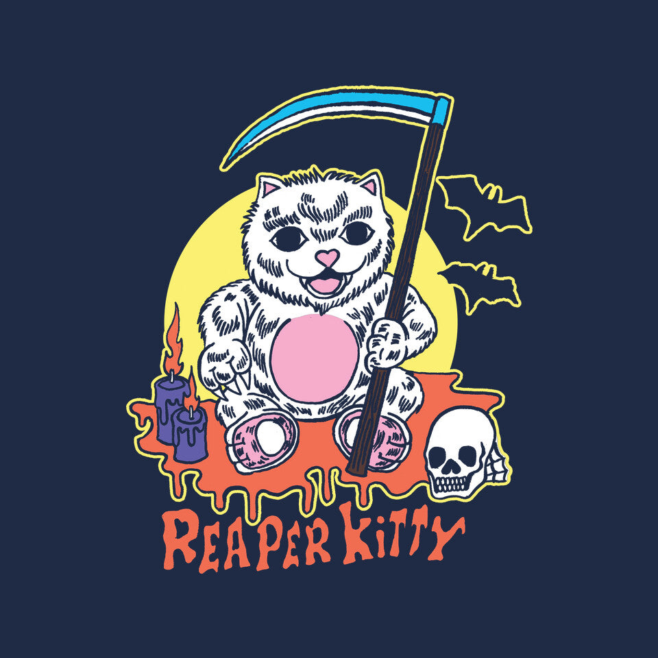 The Reaper Kitty – Cat Graphic T-Shirt design artwork for navy graphic T-shirt
