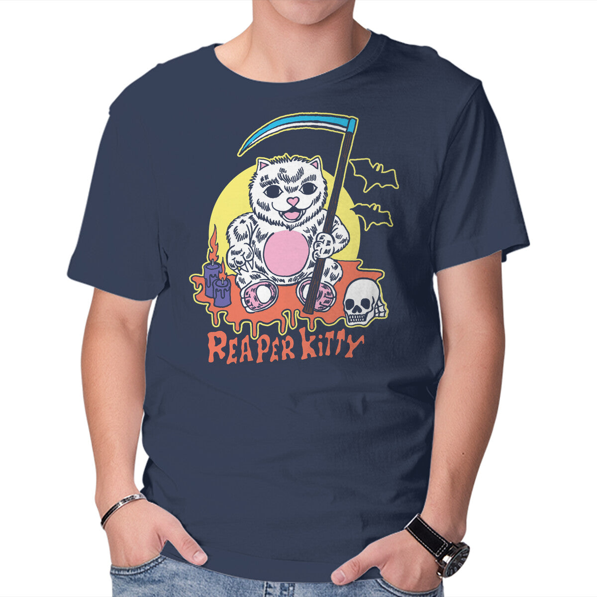 The Reaper Kitty – Cat Graphic T-Shirt in navy, product display