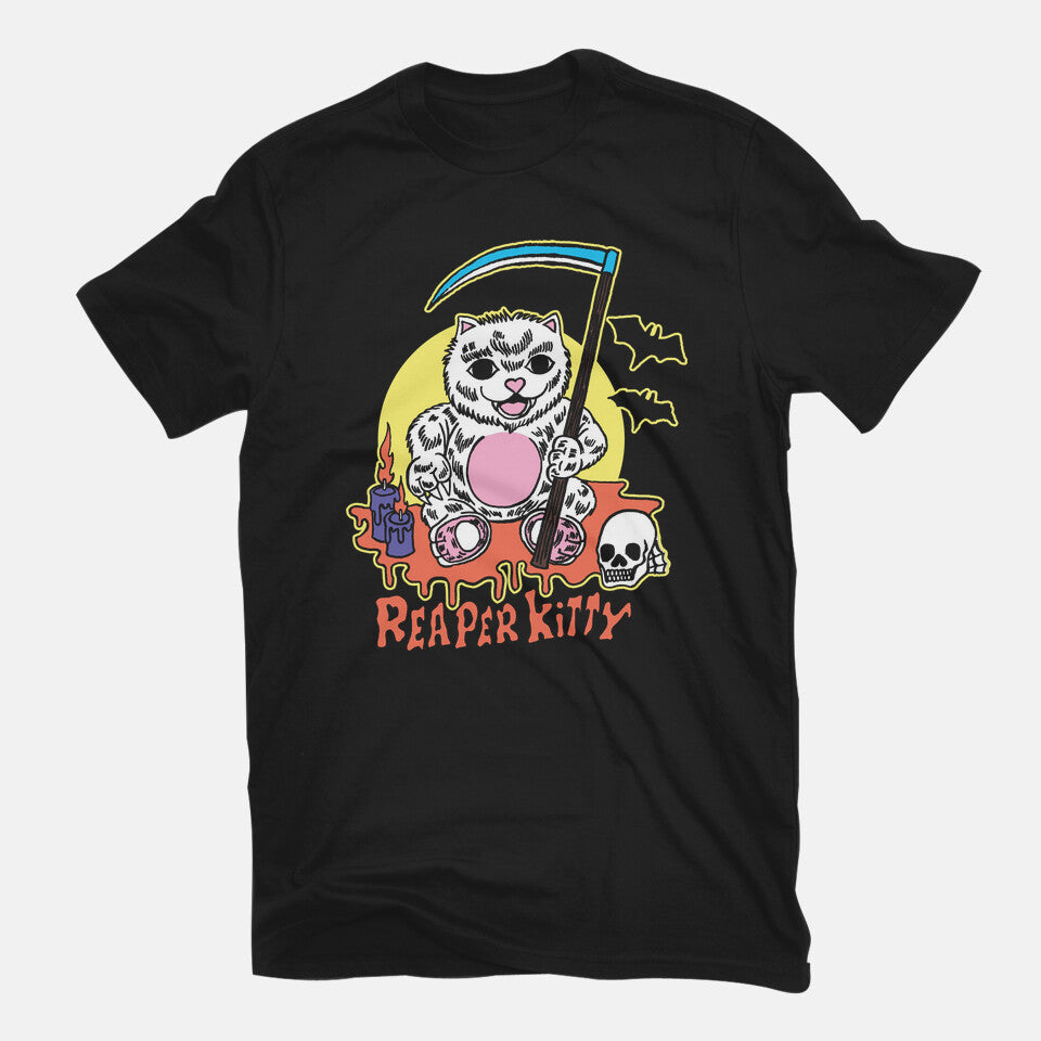 The Reaper Kitty – Cat Graphic T-Shirt in black, flat-lay product view