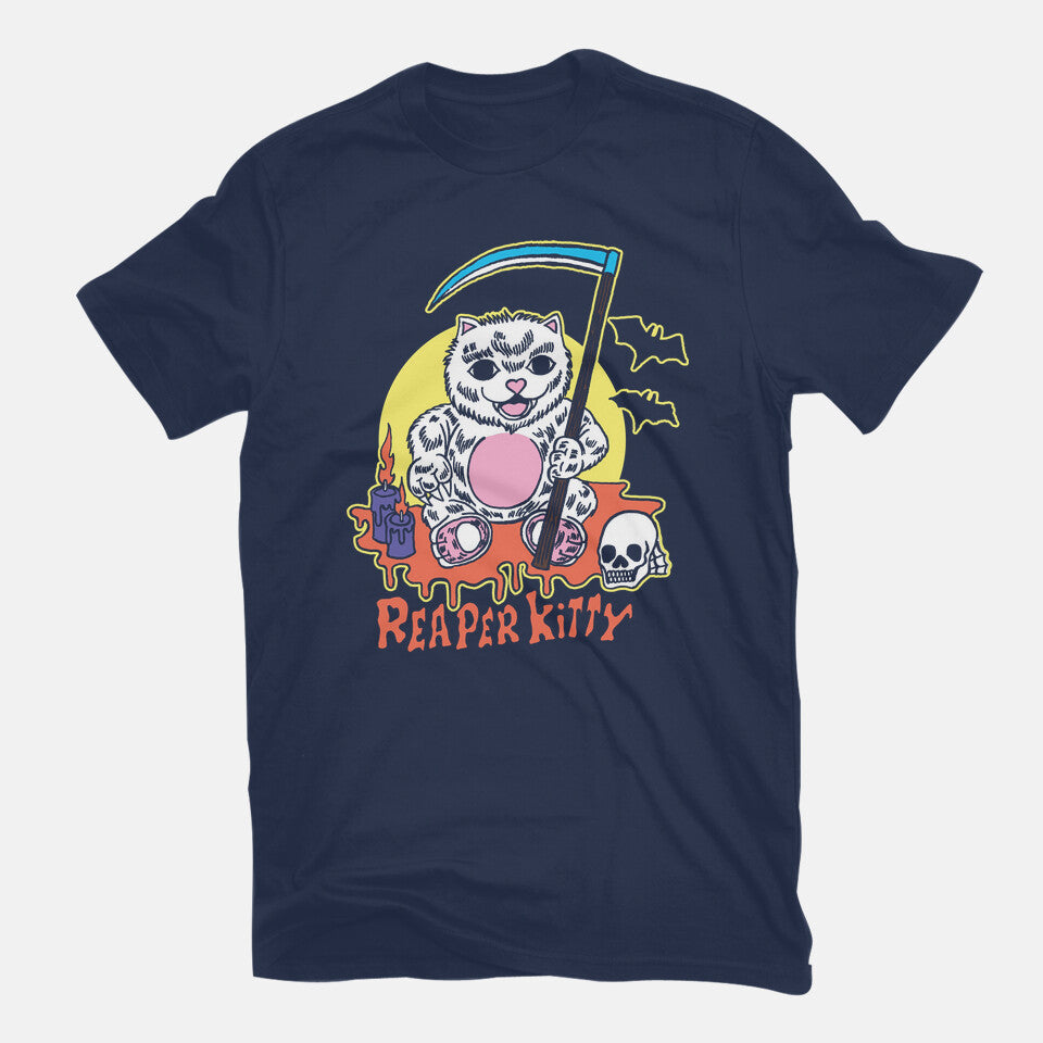 The Reaper Kitty – Cat Graphic T-Shirt in navy, flat-lay product view