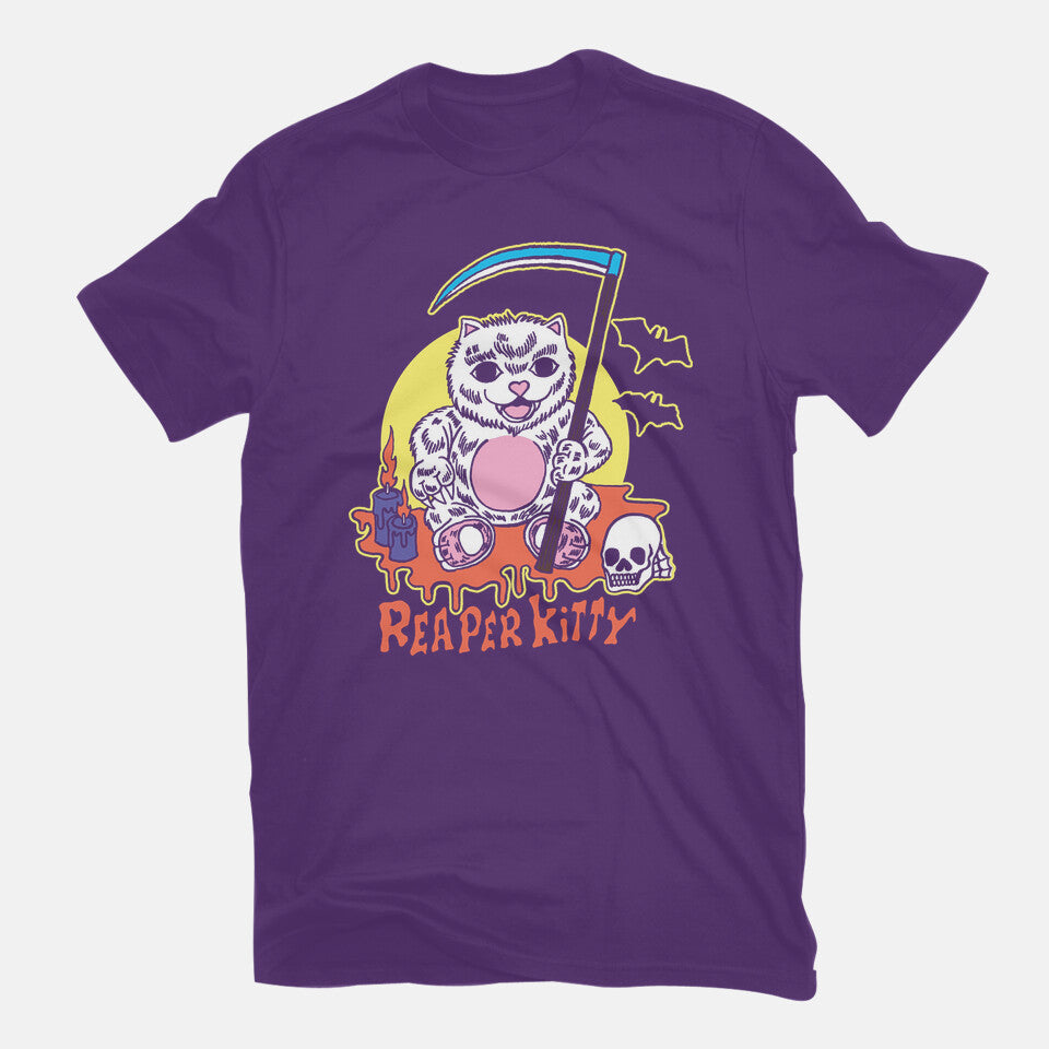 The Reaper Kitty – Cat Graphic T-Shirt in purple, flat-lay product view