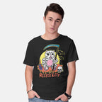 Model wearing black The Reaper Kitty – Cat Graphic T-Shirt