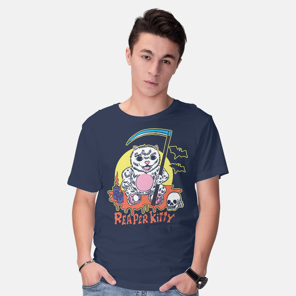Model wearing navy The Reaper Kitty – Cat Graphic T-Shirt