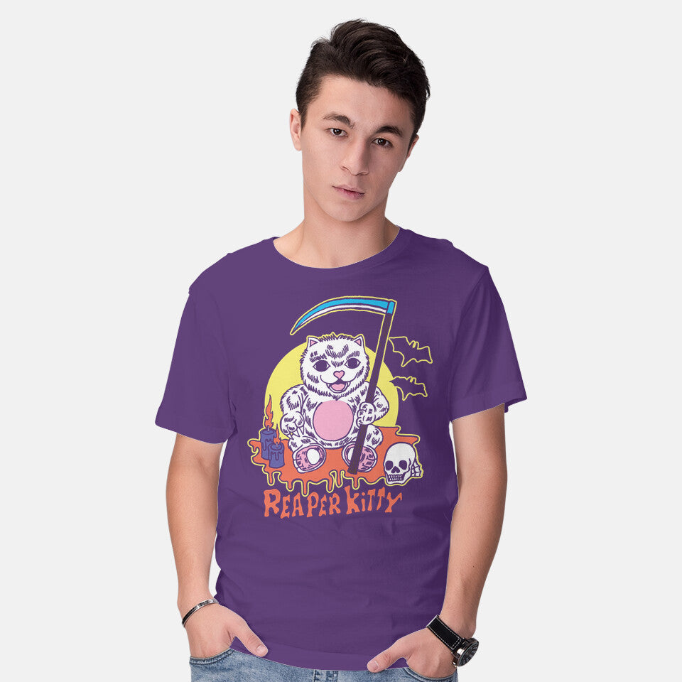 Model wearing purple The Reaper Kitty – Cat Graphic T-Shirt