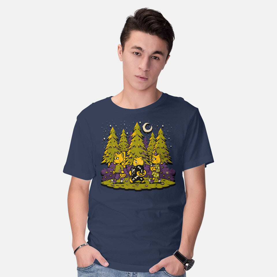Model wearing navy Treat Or Fish – Cat Graphic T-Shirt