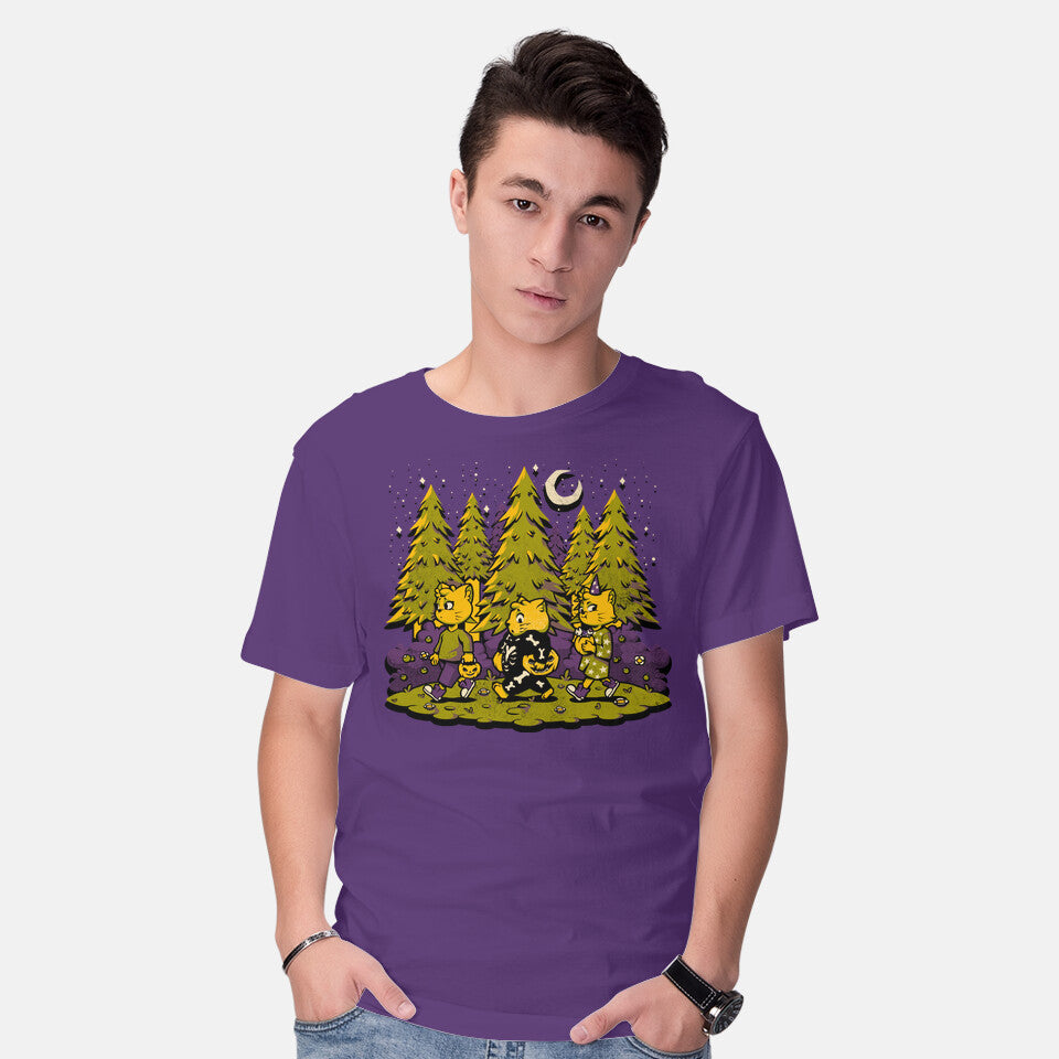 Model wearing purple Treat Or Fish – Cat Graphic T-Shirt