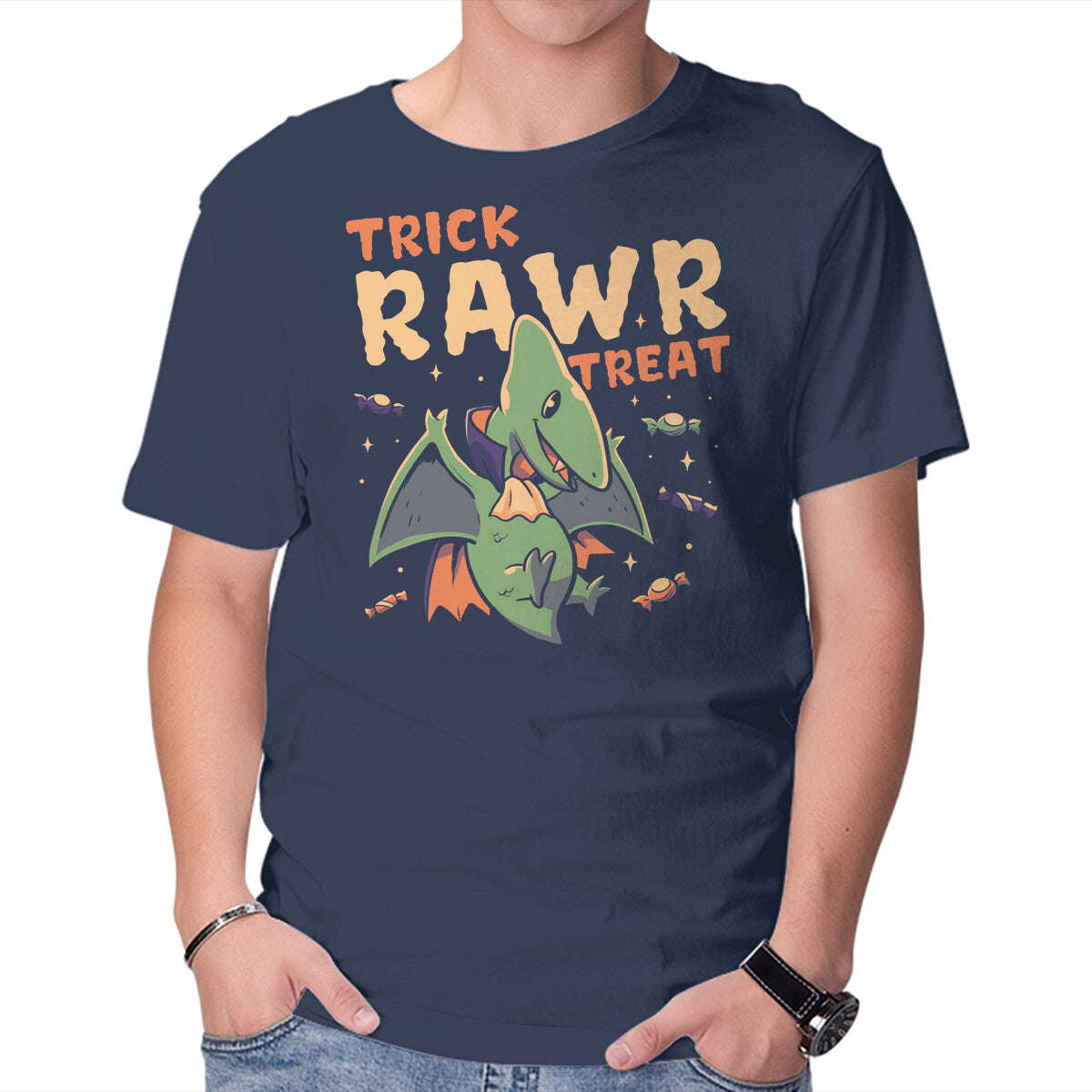 Trick Rawr Treat – Halloween Graphic T-Shirt in navy, product display