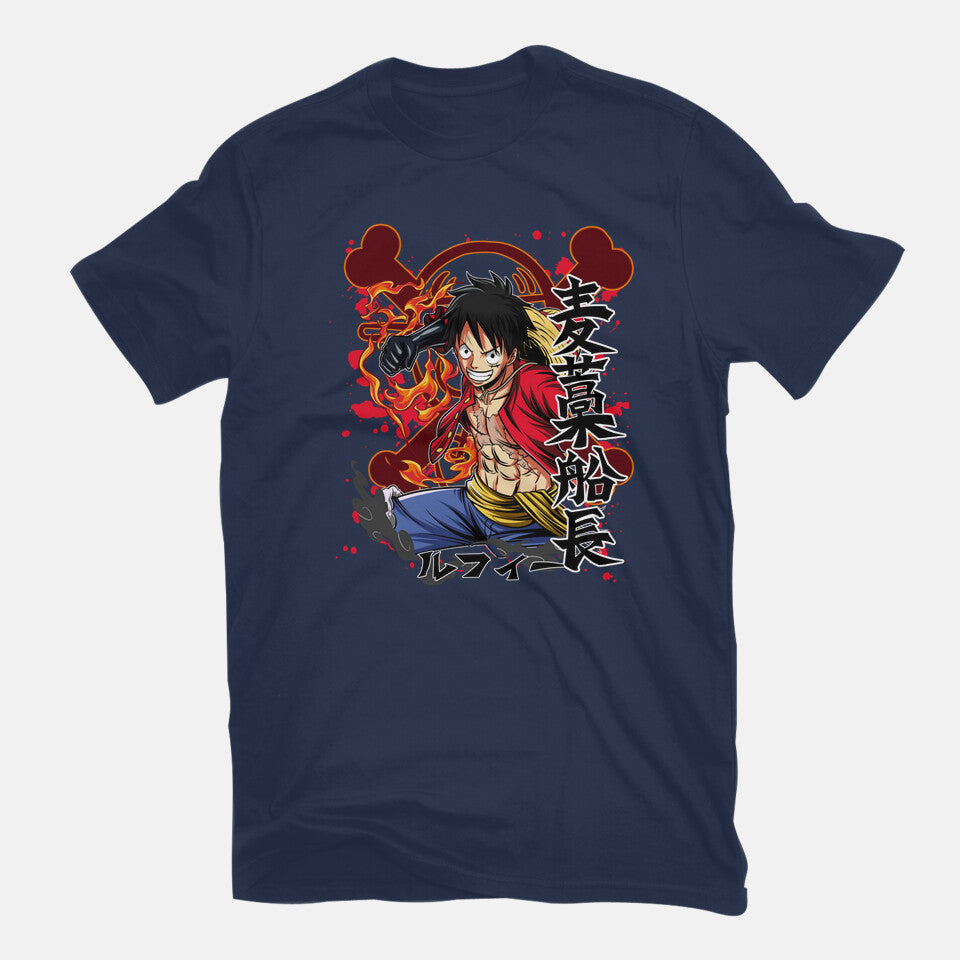 Monkey D Luffy – Anime Graphic T-Shirt in navy, flat-lay product view