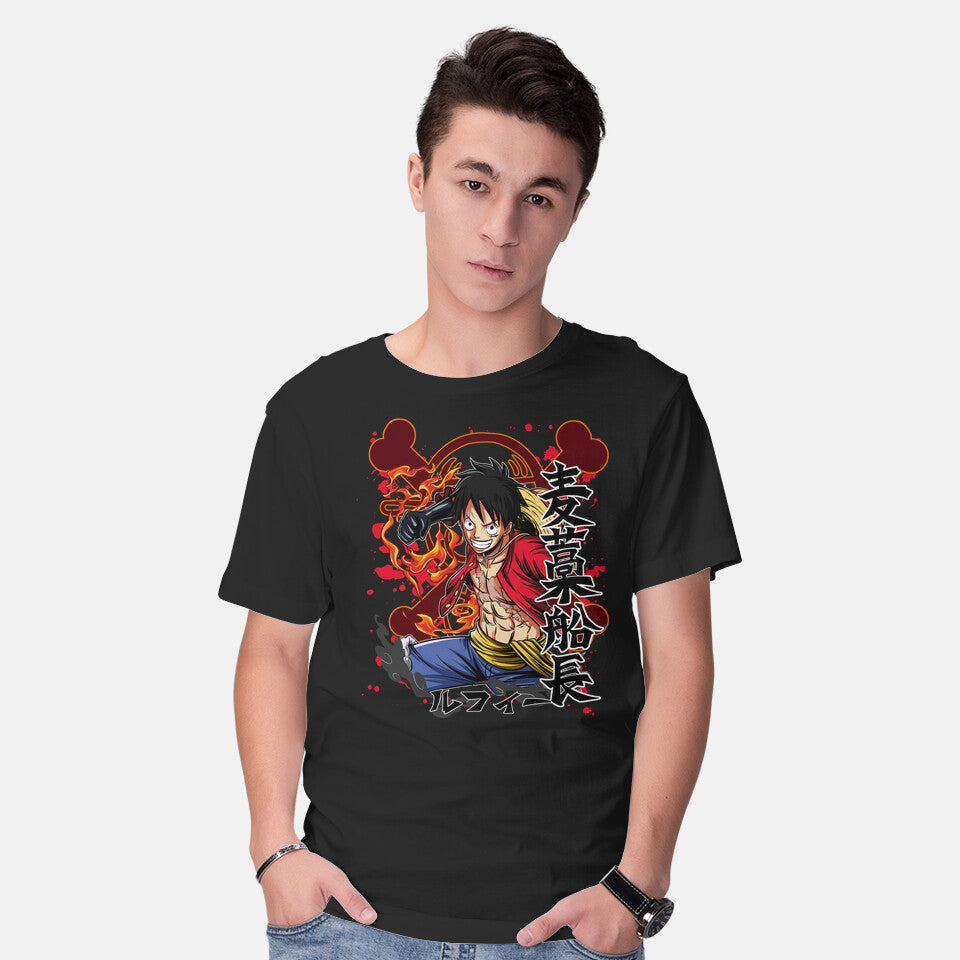 Model wearing black Monkey D Luffy – Anime Graphic T-Shirt