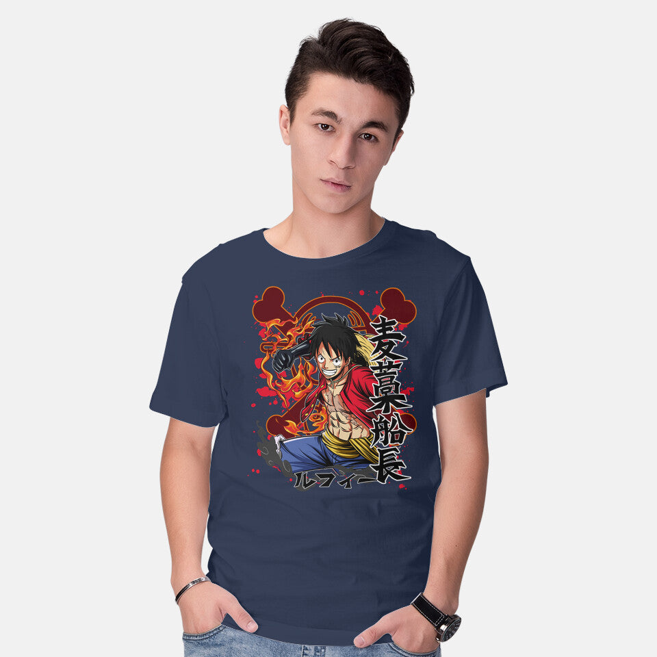 Model wearing navy Monkey D Luffy – Anime Graphic T-Shirt