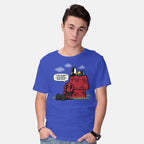 Model wearing royal blue Mutant Nuts – Sci-Fi Graphic T-Shirt