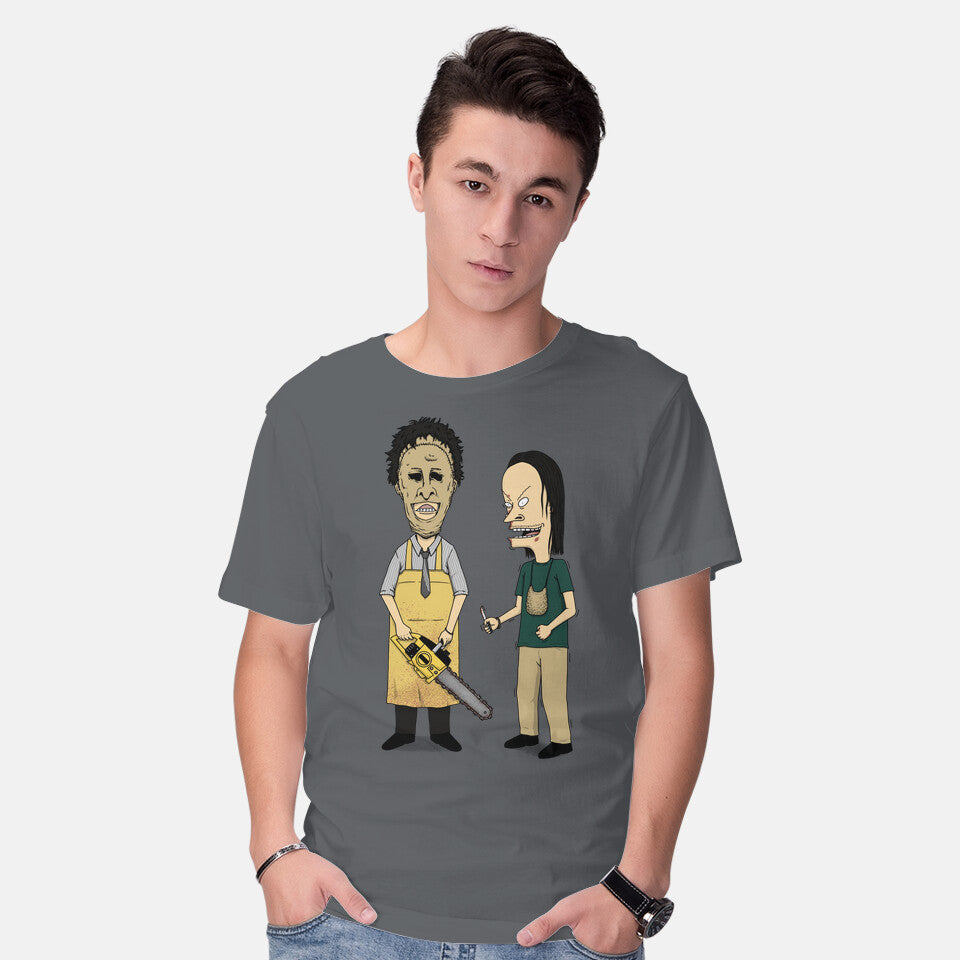 Model wearing charcoal Texas Is Cool – Horror Graphic T-Shirt
