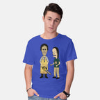 Model wearing royal blue Texas Is Cool – Horror Graphic T-Shirt