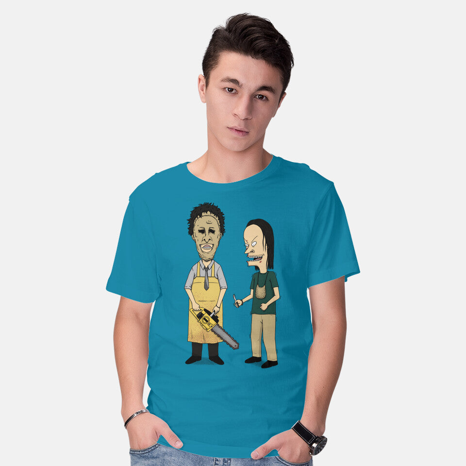 Model wearing turquoise Texas Is Cool – Horror Graphic T-Shirt