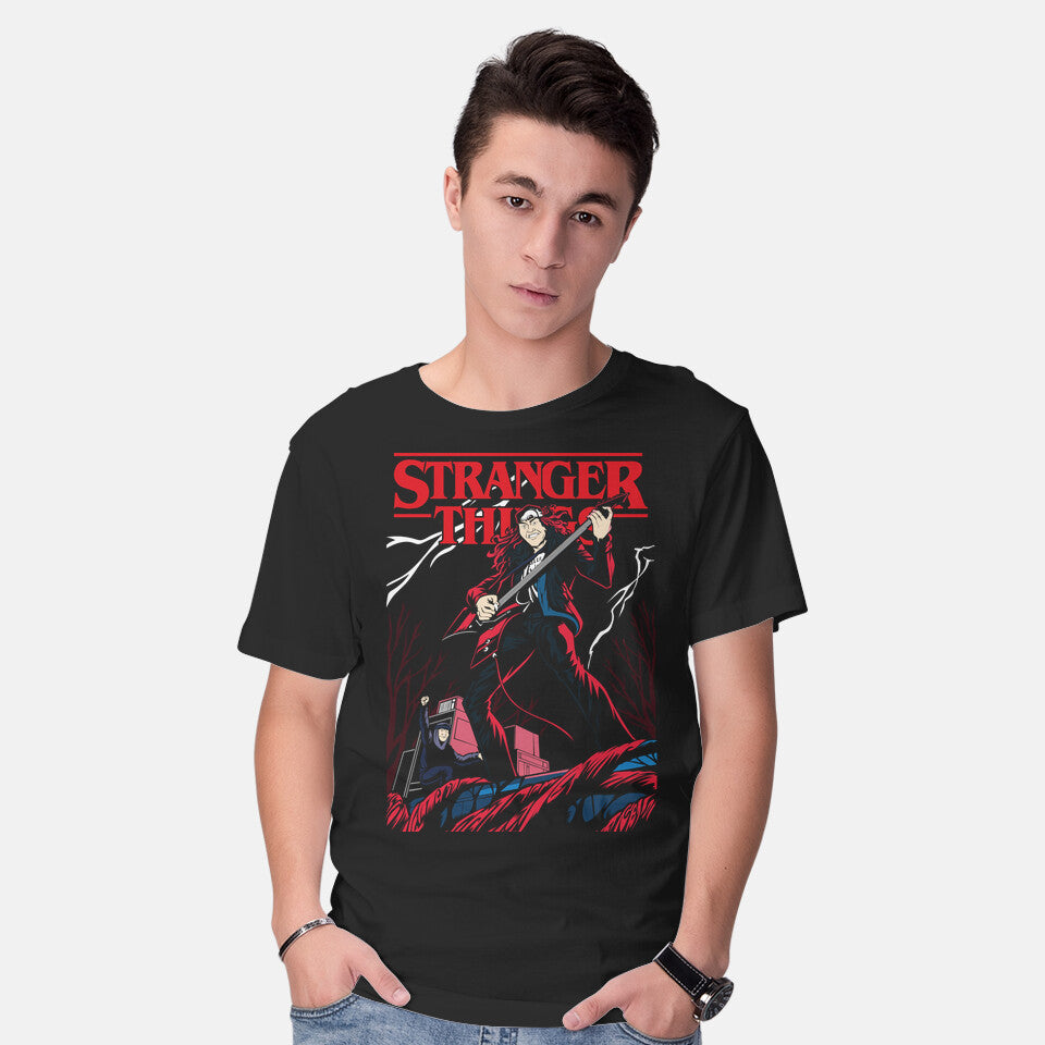 Model wearing black Munson Epic – Horror Graphic T-Shirt