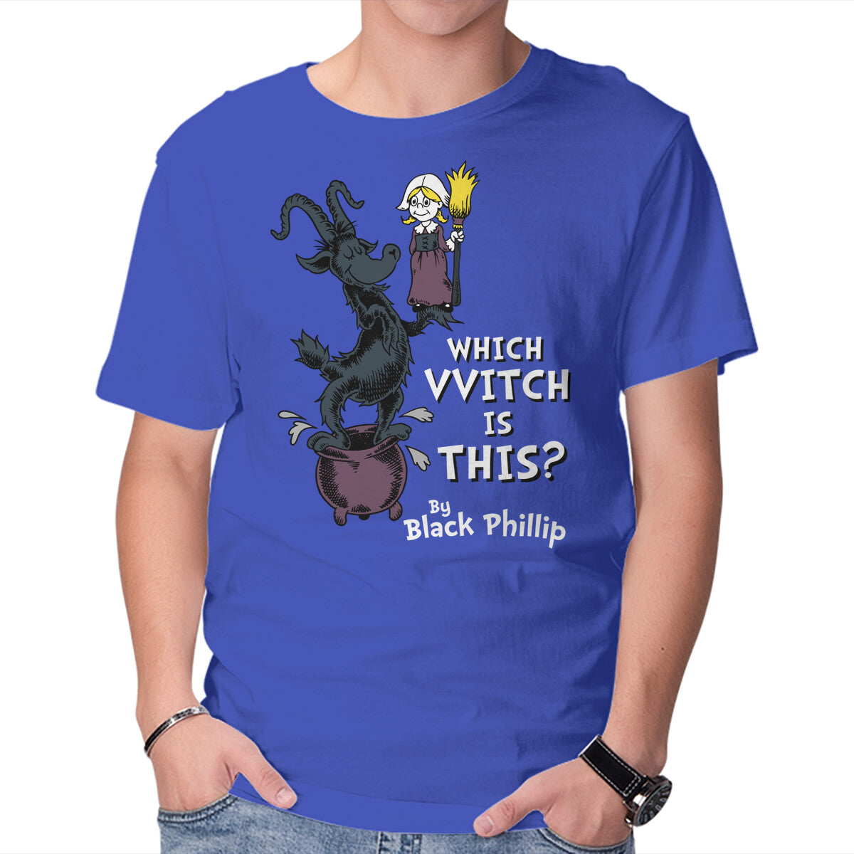 Which VVitch Is This? – Horror Graphic T-Shirt in royal blue, product display