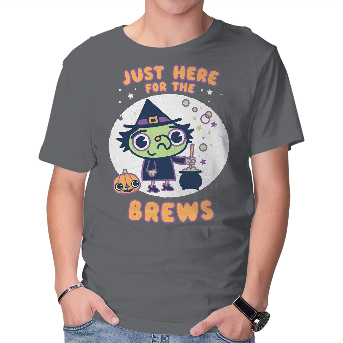 Here For The Brews – Halloween Graphic T-Shirt in charcoal, product display