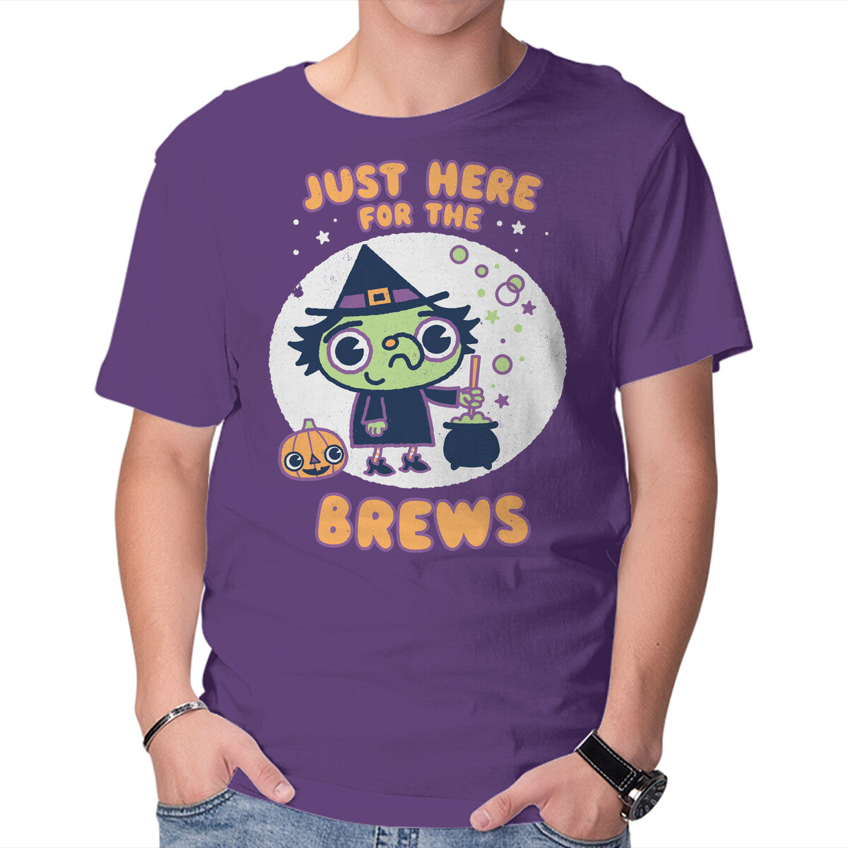 Here For The Brews – Halloween Graphic T-Shirt in purple, product display