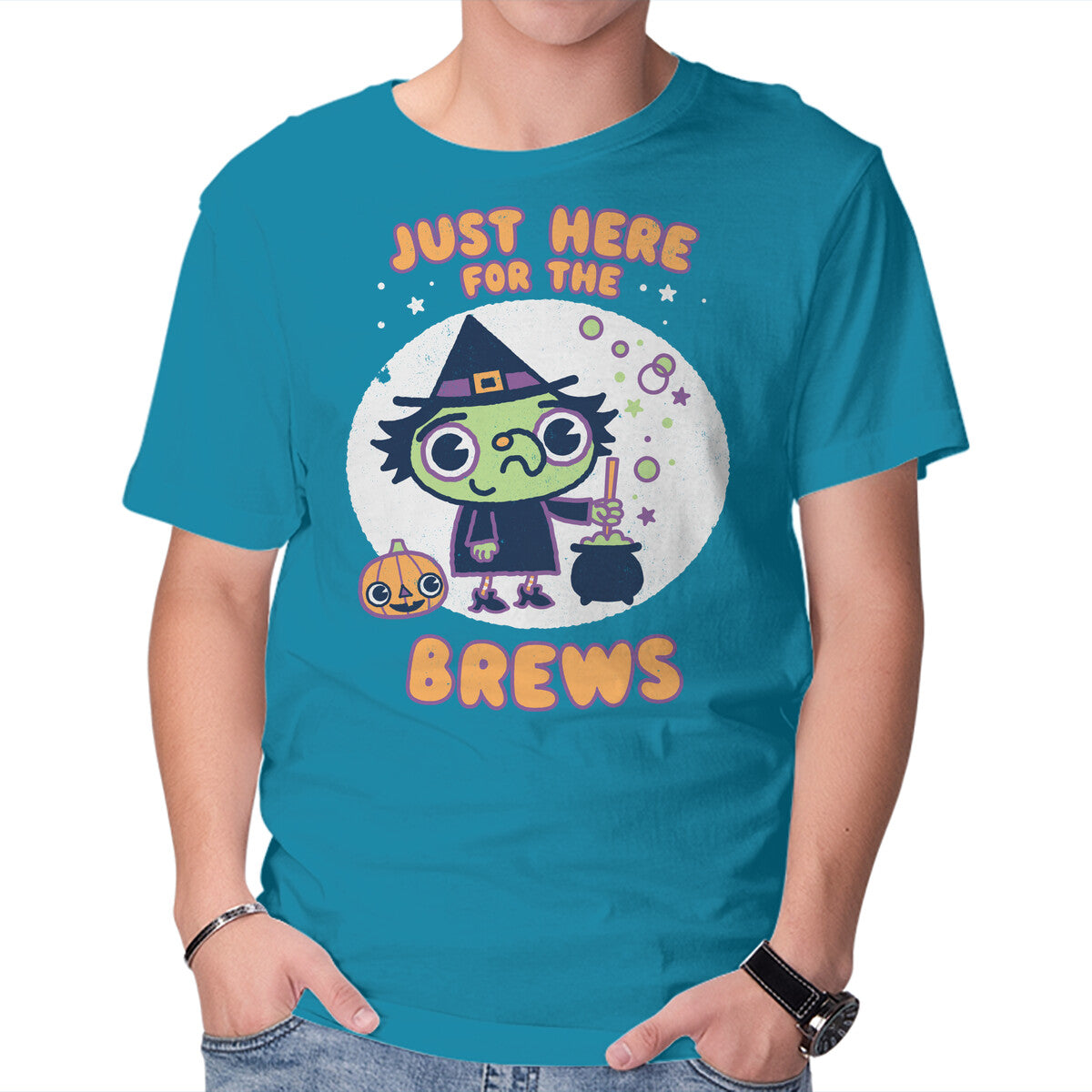 Here For The Brews – Halloween Graphic T-Shirt in turquoise, product display