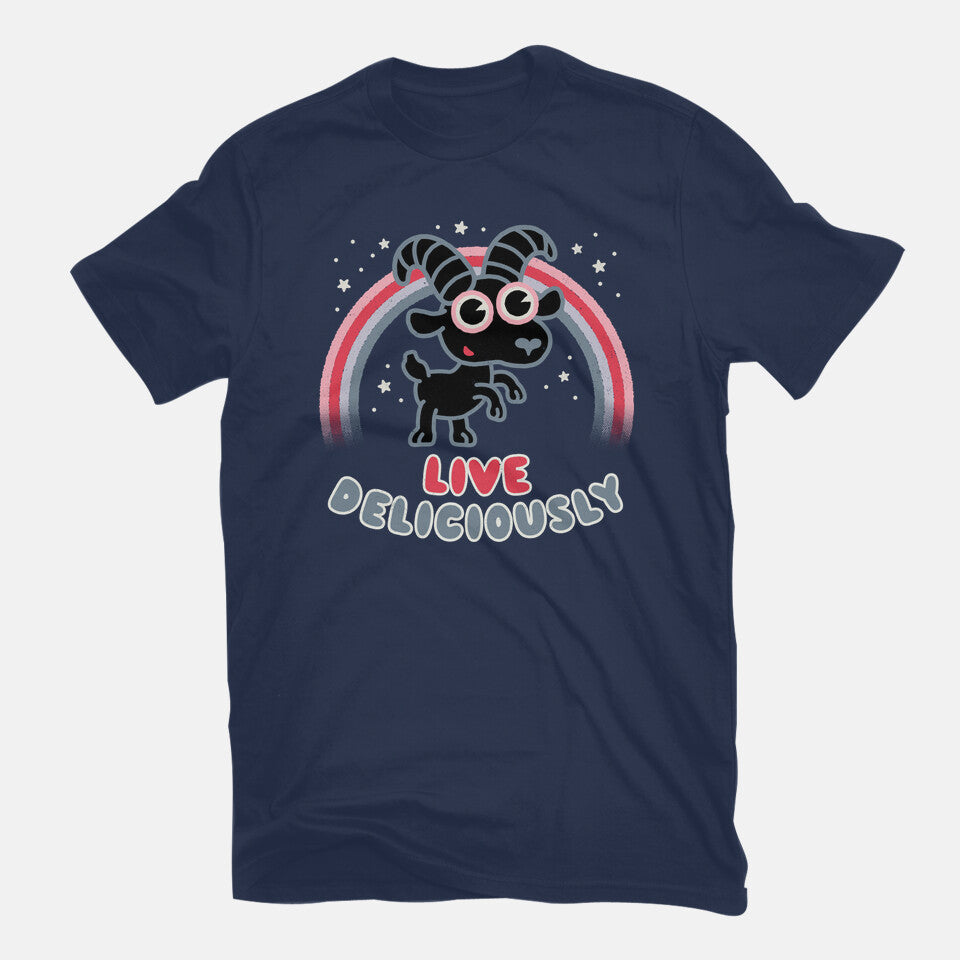 Live Deliciously Cute – Horror Graphic T-Shirt in navy, flat-lay product view