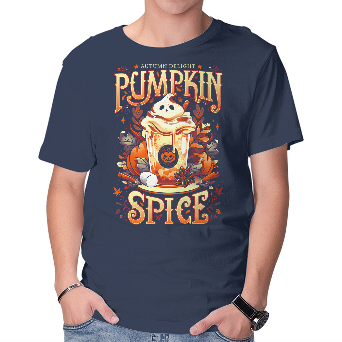 Ghostly Pumpkin Spice – Halloween Graphic T-Shirt in navy, product display