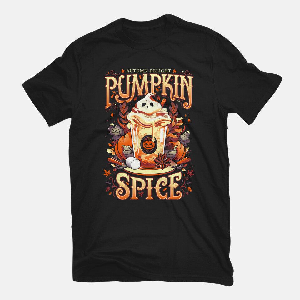Ghostly Pumpkin Spice – Halloween Graphic T-Shirt in black, flat-lay product view