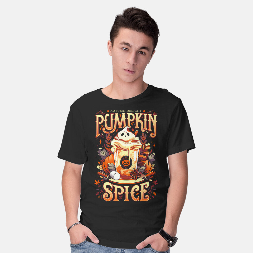 Model wearing black Ghostly Pumpkin Spice – Halloween Graphic T-Shirt