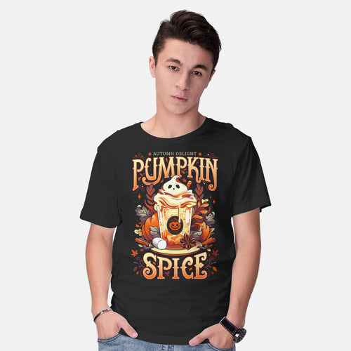 Model wearing black Ghostly Pumpkin Spice – Halloween Graphic T-Shirt