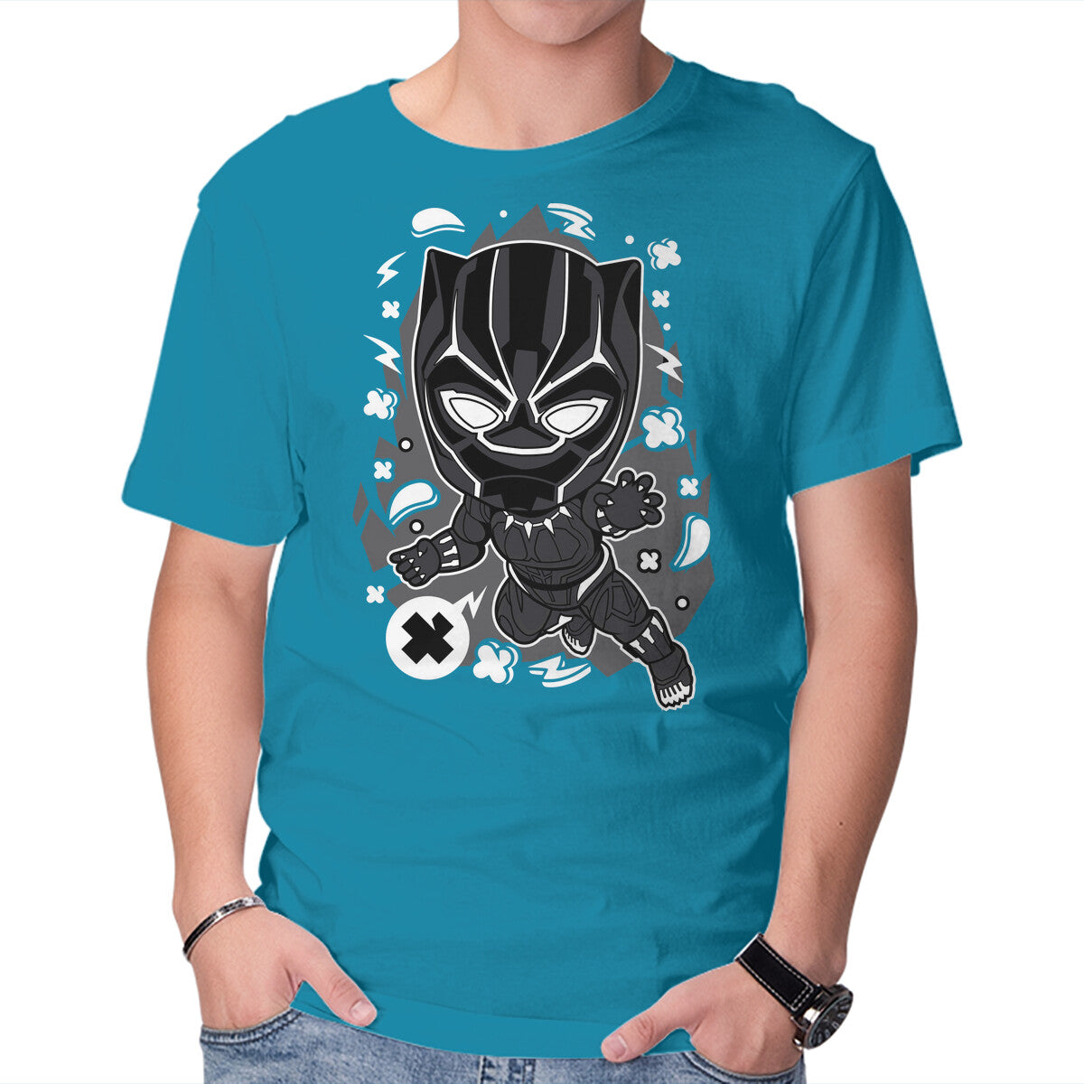 Black Panther Cartoon – Movie Graphic T-Shirt in turquoise, product display
