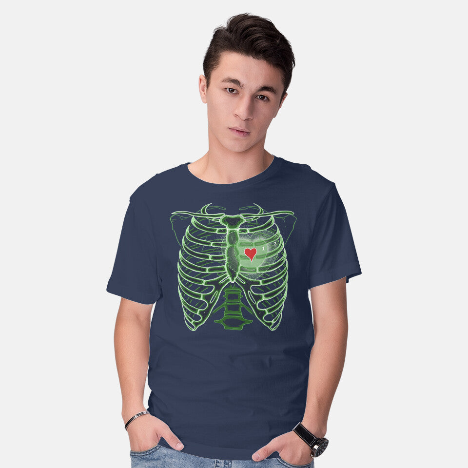 Model wearing navy Grinch's Heart – Movie Graphic T-Shirt