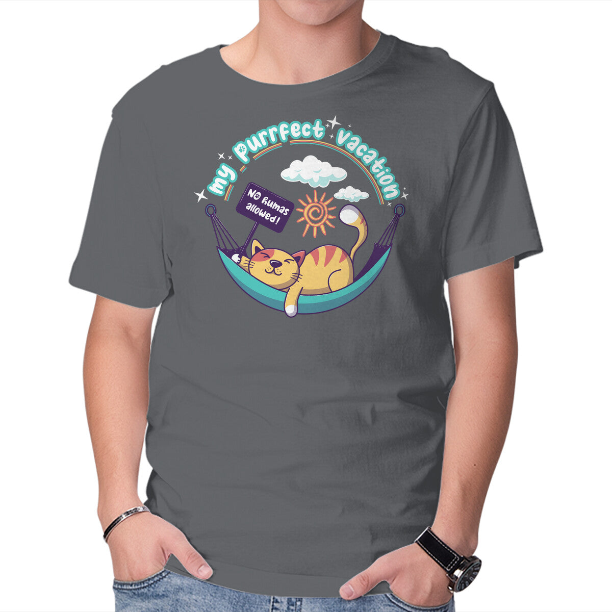 Purrfect Vacation – Cat Graphic T-Shirt in charcoal, product display