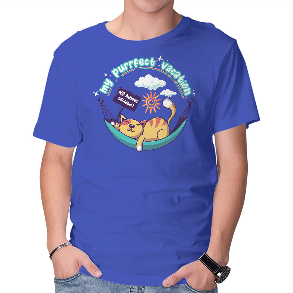 Purrfect Vacation – Cat Graphic T-Shirt in royal blue, product display