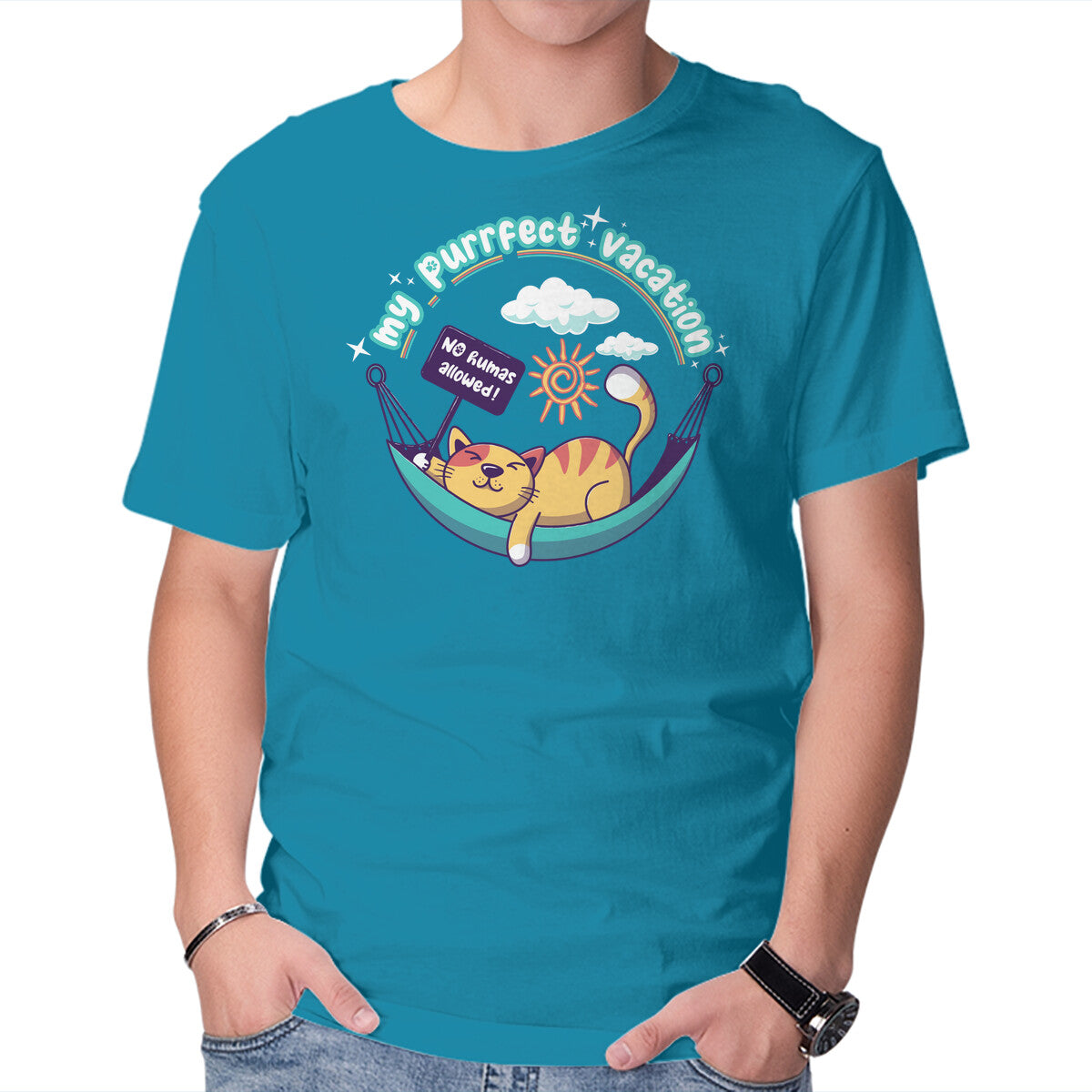 Purrfect Vacation – Cat Graphic T-Shirt in turquoise, product display