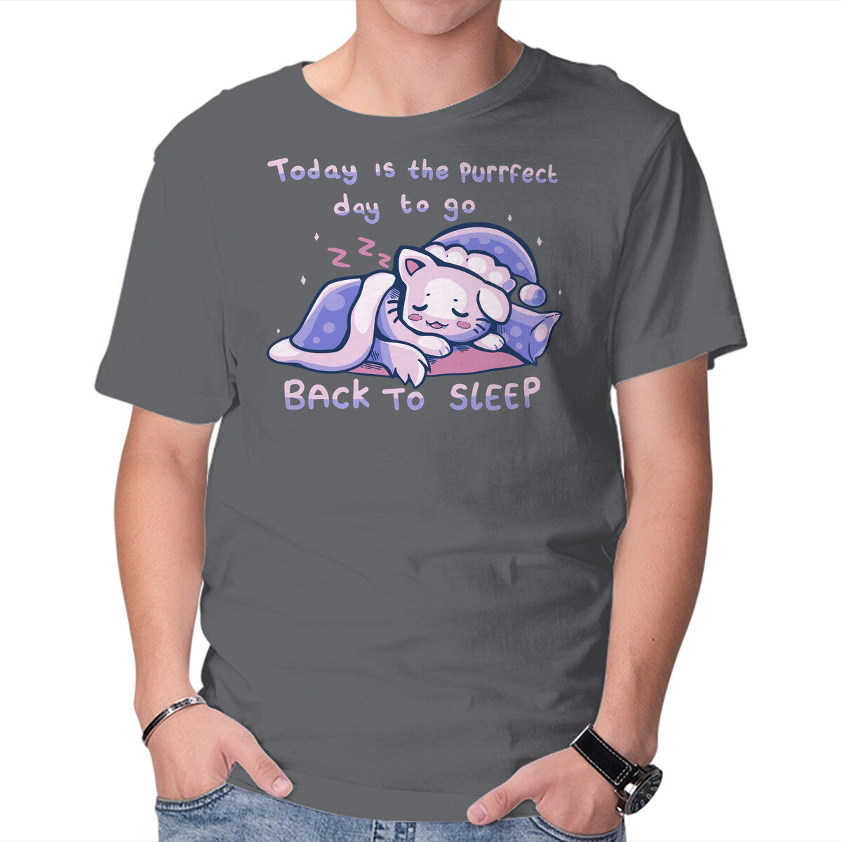 Purrfect Day For Sleep – Cat Graphic T-Shirt in charcoal, product display