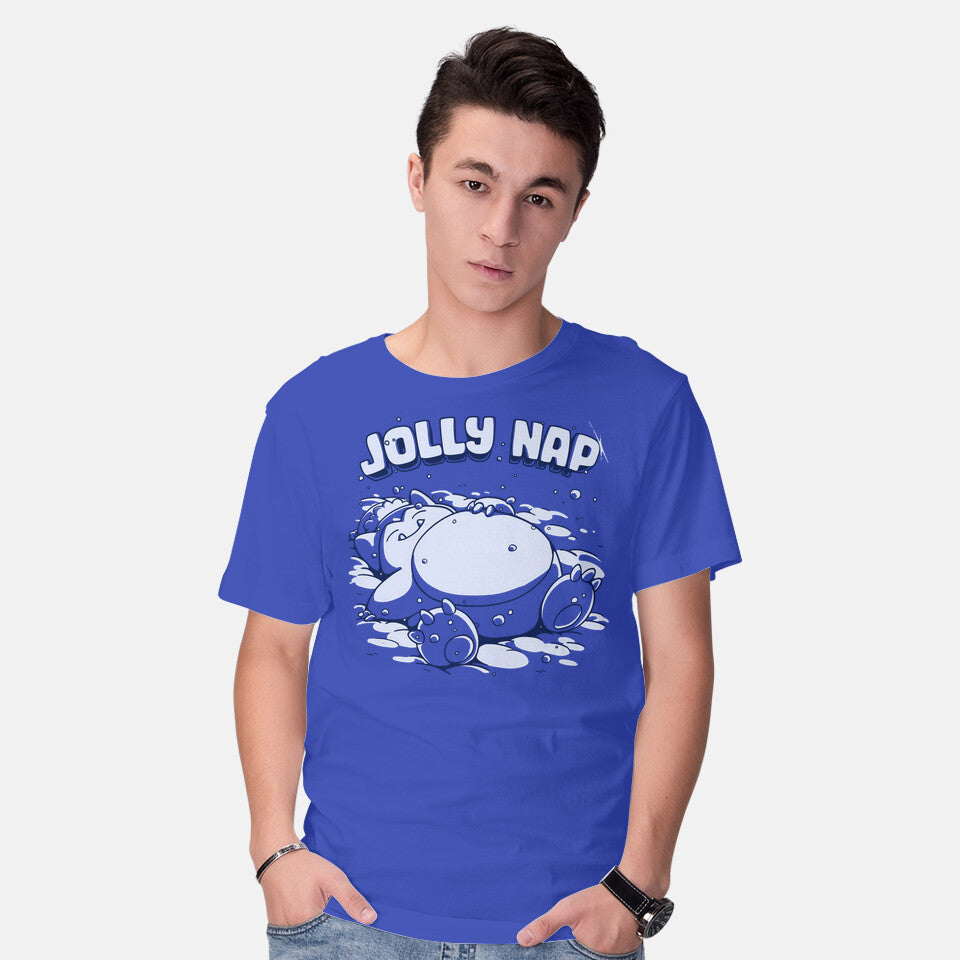 Model wearing royal blue Snowrlax Nap – Anime Graphic T-Shirt