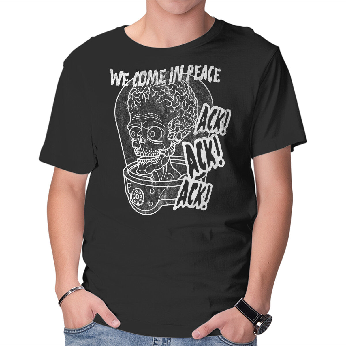 We Come In Peace – Sci-Fi Graphic T-Shirt in black, product display
