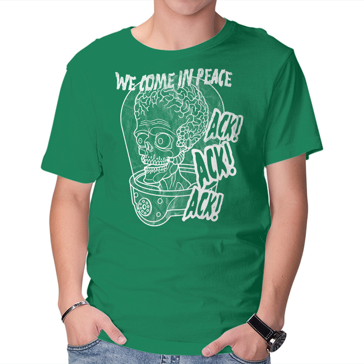 We Come In Peace – Sci-Fi Graphic T-Shirt in green, product display