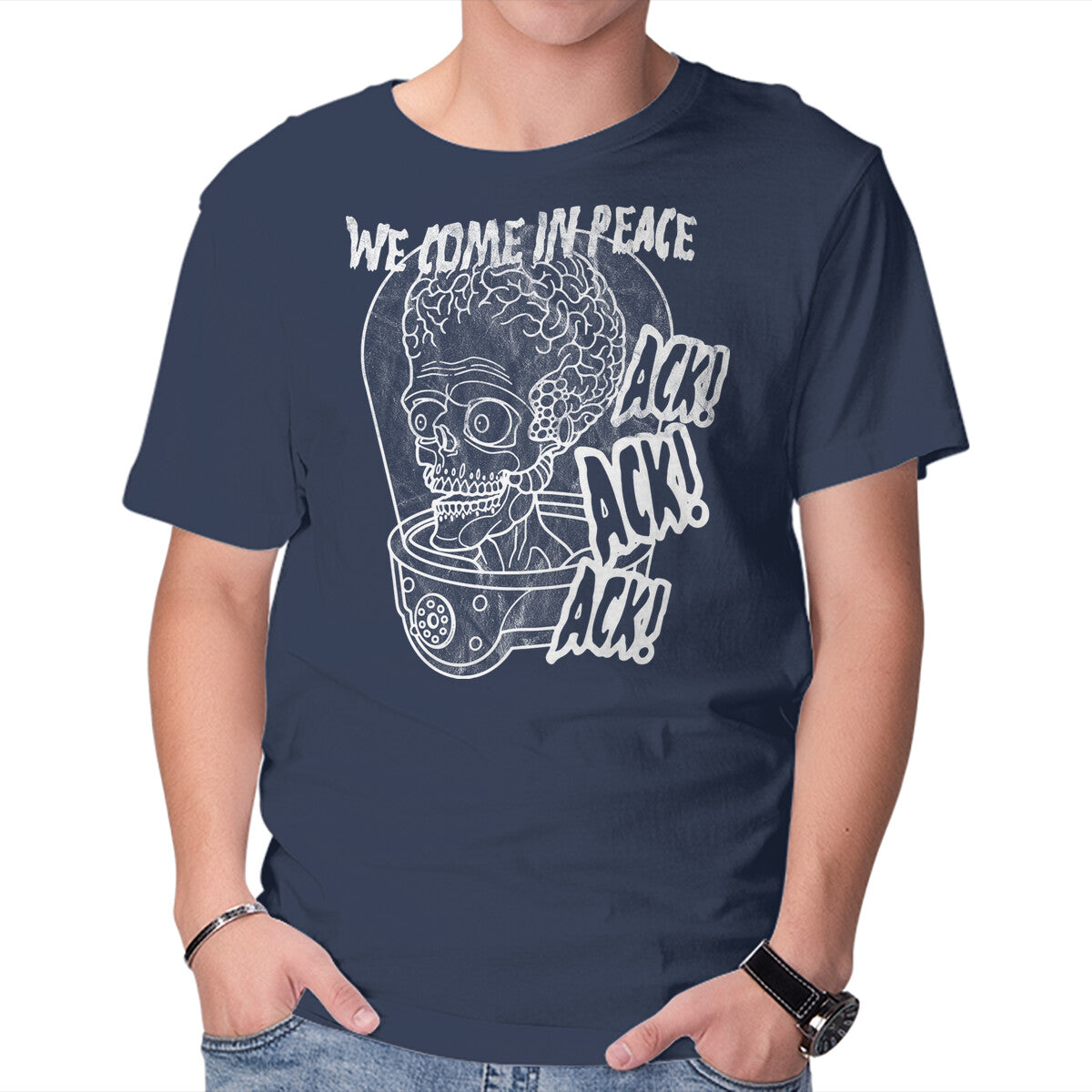 We Come In Peace – Sci-Fi Graphic T-Shirt in navy, product display