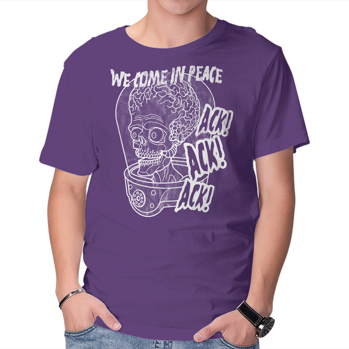 We Come In Peace – Sci-Fi Graphic T-Shirt in purple, product display